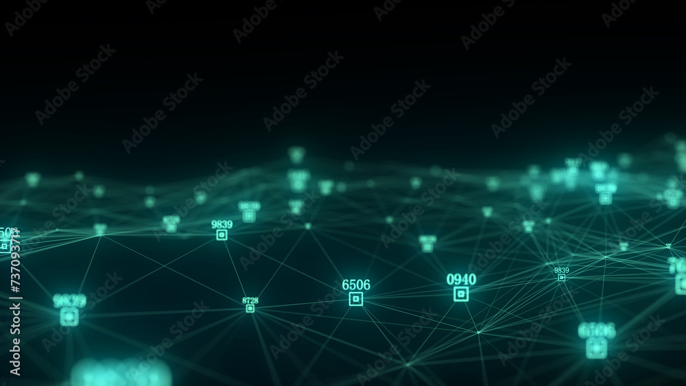 Dark cyberspace in digital background. Abstract technology wave with motion glowing dots and lines. Connection big data. Futuristic wireframe texture. Analysis a network connection. 3D rendering.