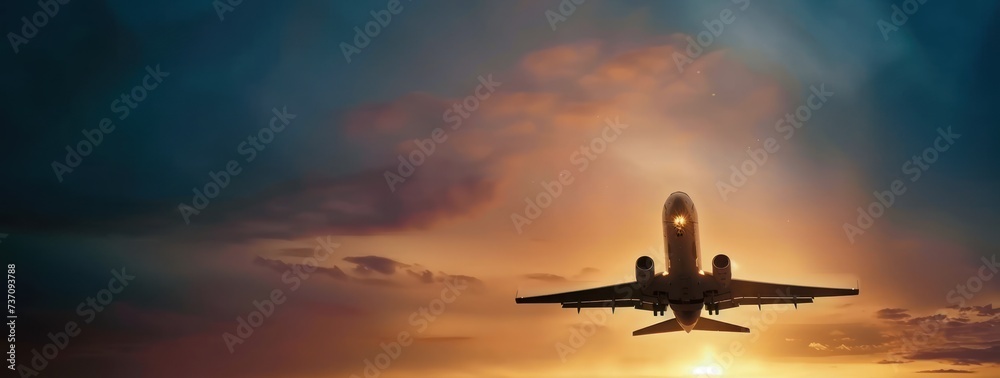 Airplane cuts through vast sky journey illuminated by golden hues of sunset embodying spirit of travel and transportation majestic airliner marvel of aviation glides gracefully bridging destinations