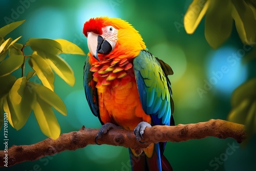 The vibrant plumage of a tropical parrot, captured in exquisite detail, as it perches on a branch against a backdrop of lush, green foliage.