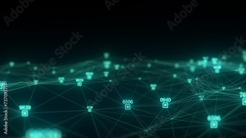 Dark cyberspace in digital background. Abstract technology wave with motion glowing dots and lines. Connection big data. Futuristic wireframe texture. Analysis a network connection. 3D rendering.