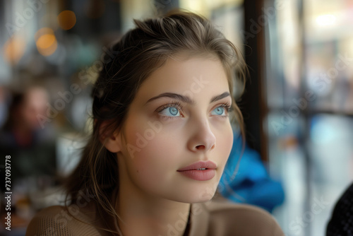 Portrait of a young Parisian woman sitting inside in a café somewhere in Paris. Created with Generative AI technology