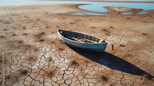 aerial view cracked scorched earth soil drought desert landscape with small fishing boat