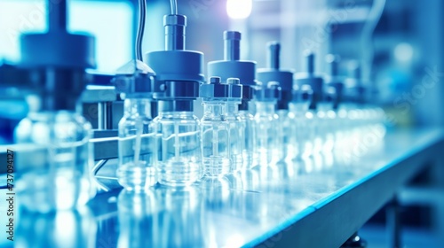 Production of medical ampoules with medicines and Vaccines in a modern pharmaceutical factory with automatic conveyors. Science, Medicine, Biotechnology, Microbiology, Healthcare concepts.