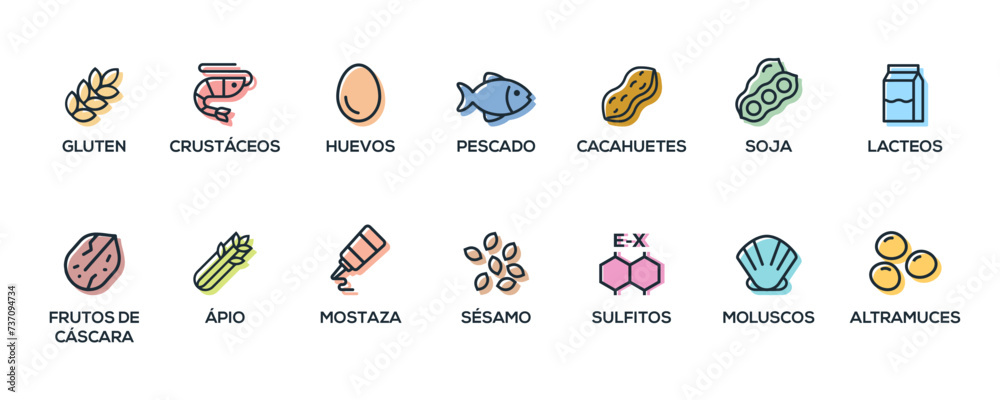 Simple Isolated Vector Logo Set Badge Ingredient Warning Label. Colorful Allergens icons. Food Intolerance. The 14 allergens required to declare written in Spanish