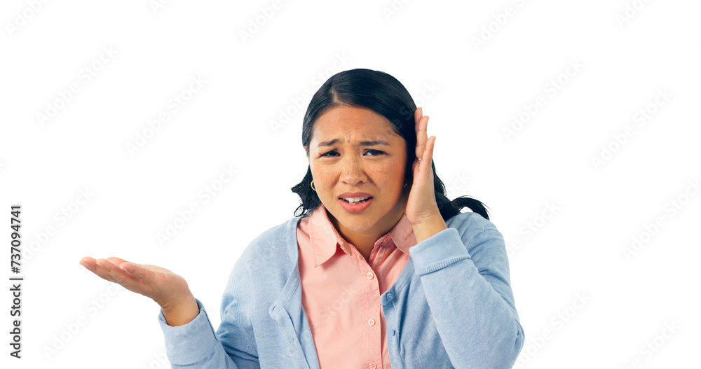 Portrait, hear and woman with hand gesture for deaf, whisper and hearing or damage of noise. Chinese model, listening or face with cupping ear to talk loud or isolated on transparent png background Portrait, hear and woman with hand gesture for deaf, whisper and hearing or damage of noise. Chinese model, listening or face with cupping ear to talk loud or isolated on transparent png background