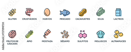 Simple Isolated Vector Logo Set Badge Ingredient Warning Label. Colorful Allergens icons. Food Intolerance. The 14 allergens required to declare written in Spanish
