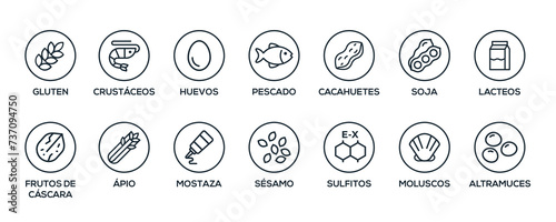 Simple Isolated Vector Logo Set Badge Ingredient Warning Label. Black and white Allergens icons. Food Intolerance. The 14 allergens required to declare written in spanish photo