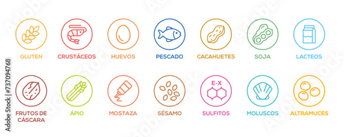 Simple Isolated Vector Logo Set Badge Ingredient Warning Label. Colorfull Allergens icons. Food Intolerance. The 14 allergens required to declare written in spanish photo