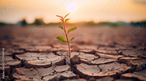 Cracked scorched earth soil drought desert landscape with small plant photo