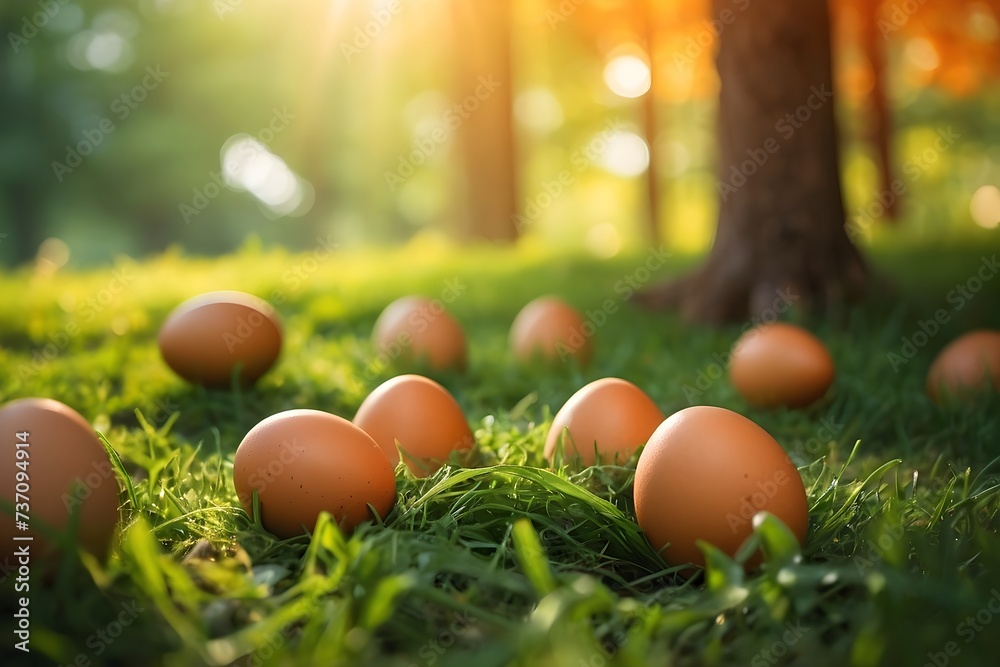 Happy Easter Day. Easter eggs sitting on top of a lush green grass, next to a forest in a beautiful spring morning. Happy Easter Day. Easter eggs sitting on top of a lush green grass, next to a forest in a beautiful spring morning.