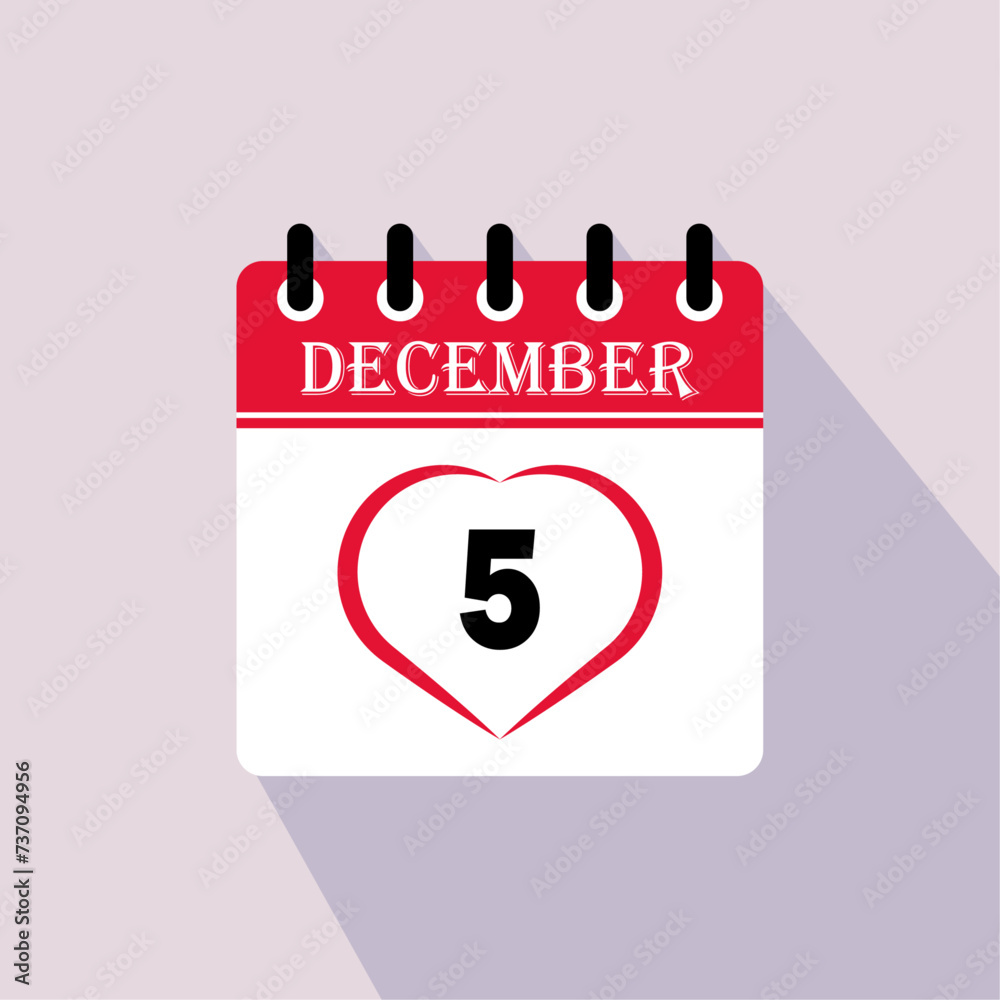 Icon calendar day - 5 December. 5th days of the month, vector illustration. Icon calendar day - 5 December. 5th days of the month, vector illustration.