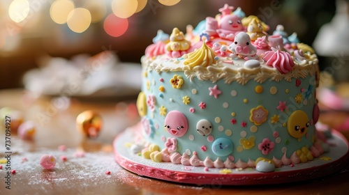 the playfulness of a Children's Day-themed cake, with colorful decorations, cartoon motifs, and whimsical details, set against a joyful and lively scene