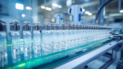 line for the production of medical ampoules with medicines and vaccines in a modern pharmaceutical factory with automatic conveyors. Science, Medicine, Biotechnology, Microbiology, Healthcare concepts