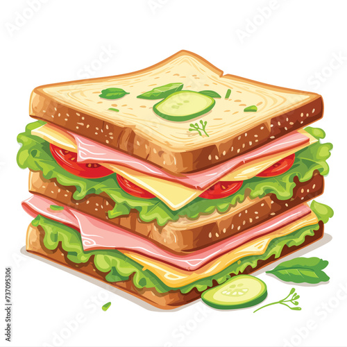 Vector cartoon sandwich with ham and vegetables.
