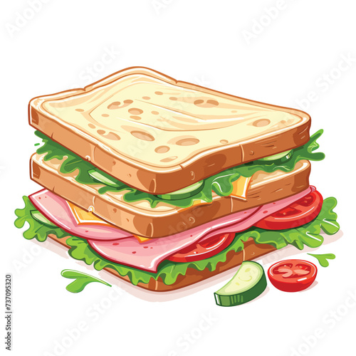 Vector cartoon sandwich with ham and vegetables.
