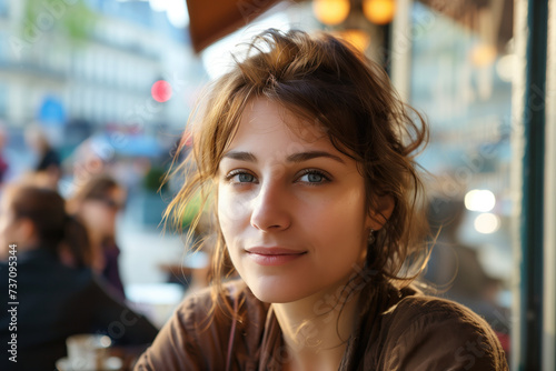 Portrait of a young Parisian woman sitting outside in a café somewhere in Paris. Created with Generative AI technology