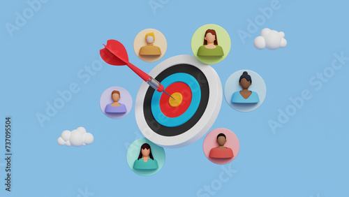 Target customers concept. Audience outreach, sales generation, marketing segmentation, customer attraction campaign, accurate promo, advertising. Dartboard with target customers. 3d illustration