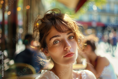 Portrait of a young Parisian woman sitting outside in a café somewhere in Paris. Created with Generative AI technology