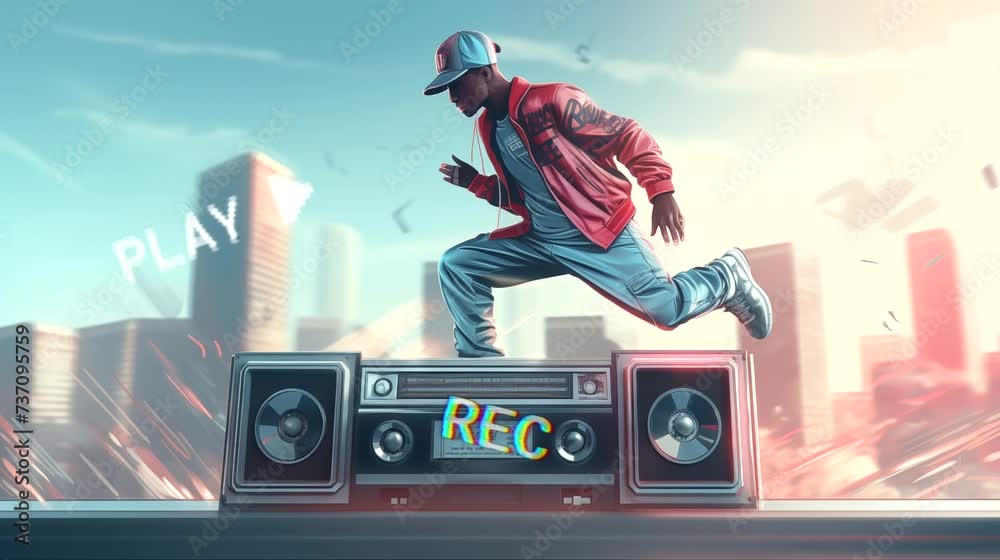 Young rapper dancing with tape recorder. Seamless looping time-lapse 4k video animation background
