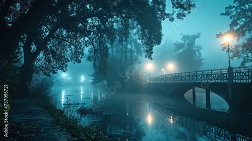 the serenity of early morning fog infused with soft blue lights casting a tranquil and dreamlike ambiance