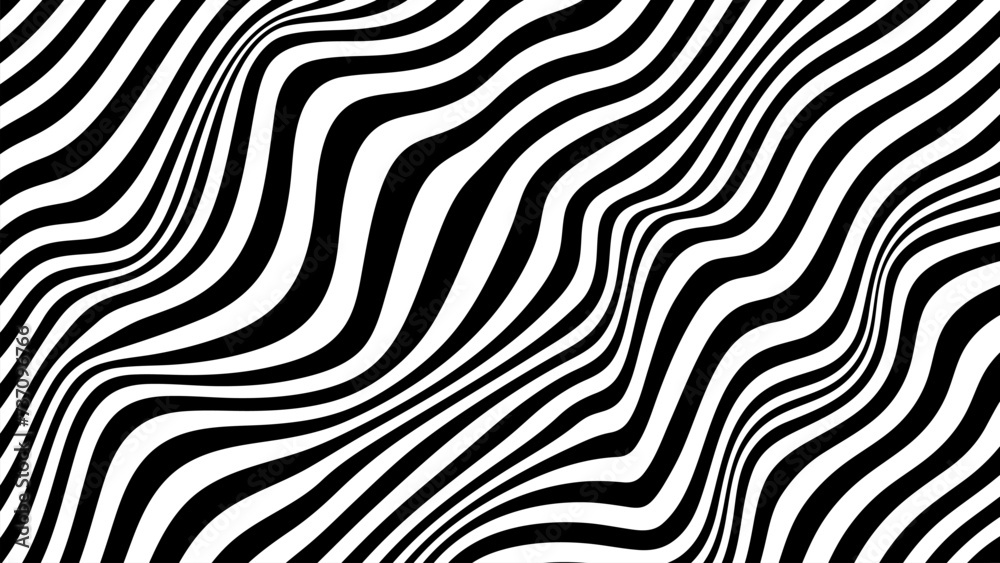 Vector pattern of optical illusion. Moving wave with black and white line. Op art. Abstract distorted texture. Striped background. Psychedelic illustration.