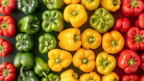 Colorful background of fresh green, red, and yellow bell peppers for a vibrant vegetable backdrop.