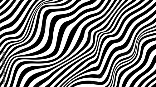 Vector pattern of optical illusion. Moving wave with black and white line. Op art. Abstract distorted texture. Striped background. Psychedelic illustration.