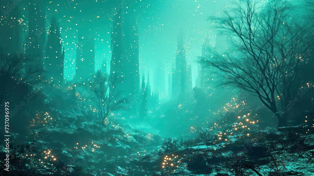 the whimsy of fog-kissed landscapes beneath radiant turquoise lights, creating a surreal and captivating background