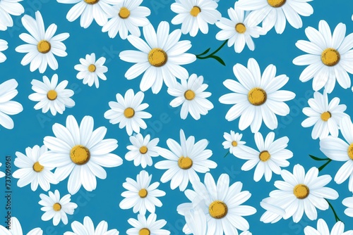 Repetition concept. Top view. Pattern made of chamomile flowers on blue background. Spring  summer concept. Flat lay  top view  copy space