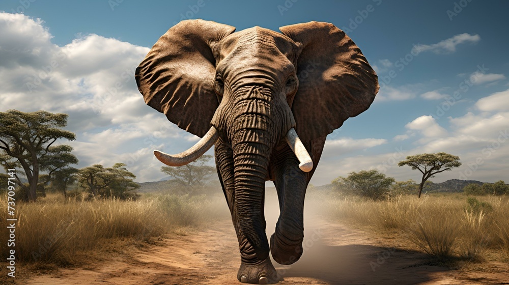 Fototapeta premium A majestic elephant strolling along a dusty road 