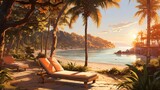 tranquil relax beach scene with ample copy space, bathed in the warm and golden hues of late afternoon sunlight, portraying a relaxing coastal retreat