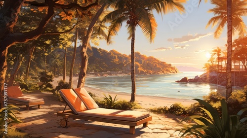 tranquil relax beach scene with ample copy space, bathed in the warm and golden hues of late afternoon sunlight, portraying a relaxing coastal retreat