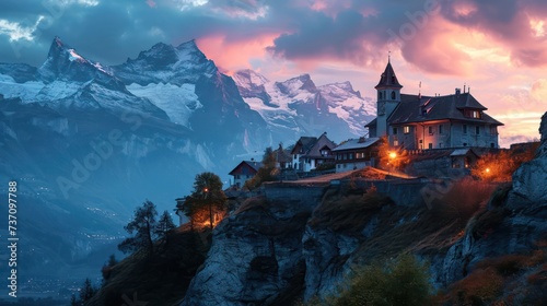 Ancient mountain landscape at sunset, featuring ancient villages, mountain peaks, and the soft colors of twilight