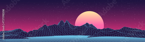 Abstract retro mountains on background of starry sky. 3D topographic map of terrain planet Earth. Vector grid landscape with lines and dot. Futuristic digital wireframe floor in style of 80s and 90s. photo