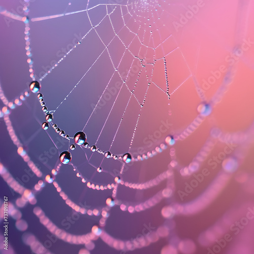 Dew Drops on Spider Web at Sunrise