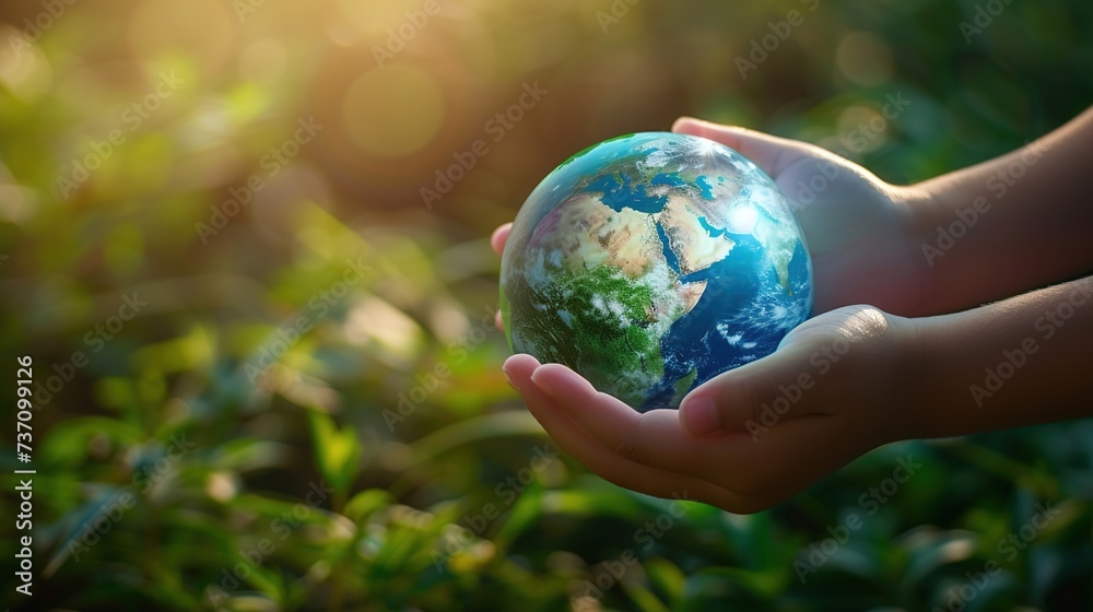 Globe planet earth in children's hands on a green background. The concept of preserving environmental ecology, recycling, and controlling greenhouse gas emissions Globe planet earth in children's hands on a green background. The concept of preserving environmental ecology, recycling, and controlling greenhouse gas emissions