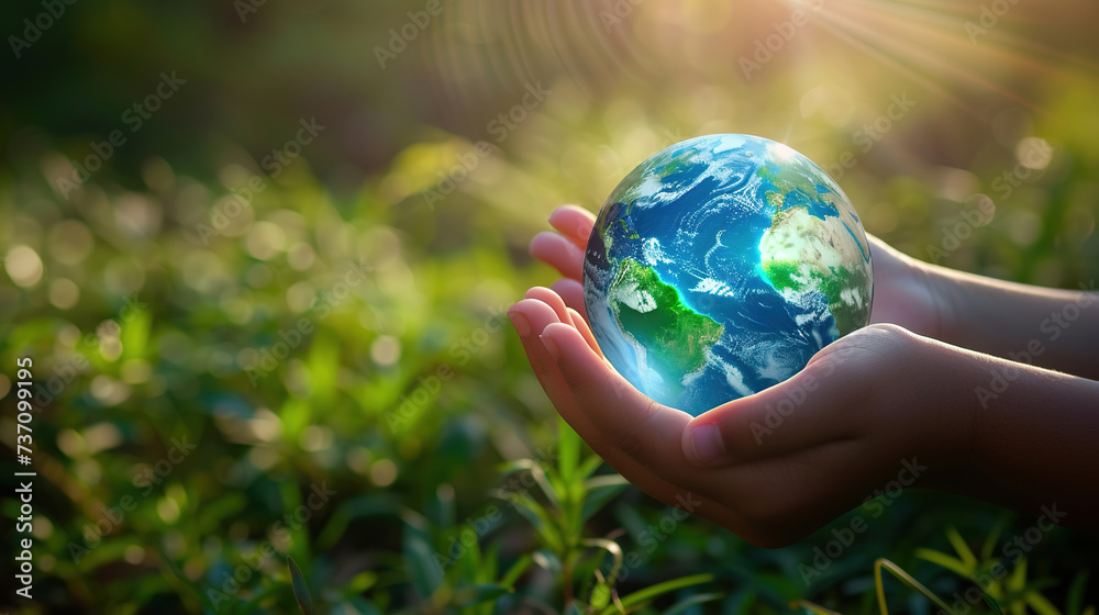 Globe planet earth in children's hands on a green background. The concept of preserving environmental ecology, recycling, and controlling greenhouse gas emissions Globe planet earth in children's hands on a green background. The concept of preserving environmental ecology, recycling, and controlling greenhouse gas emissions