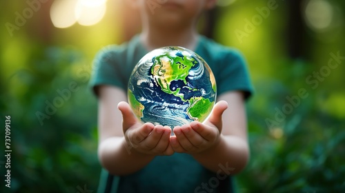 Globe planet earth in children's hands on a green background. The concept of preserving environmental ecology, recycling, and controlling greenhouse gas emissions