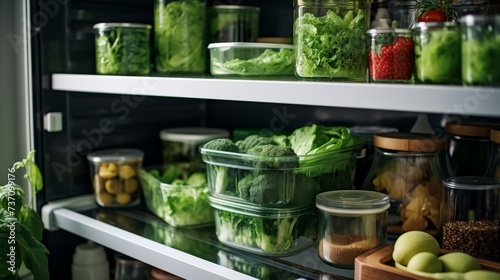 Green food on the shelves of the fridge