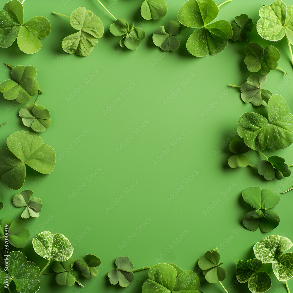Green background with four leaf clover shamrock leaves around the border 