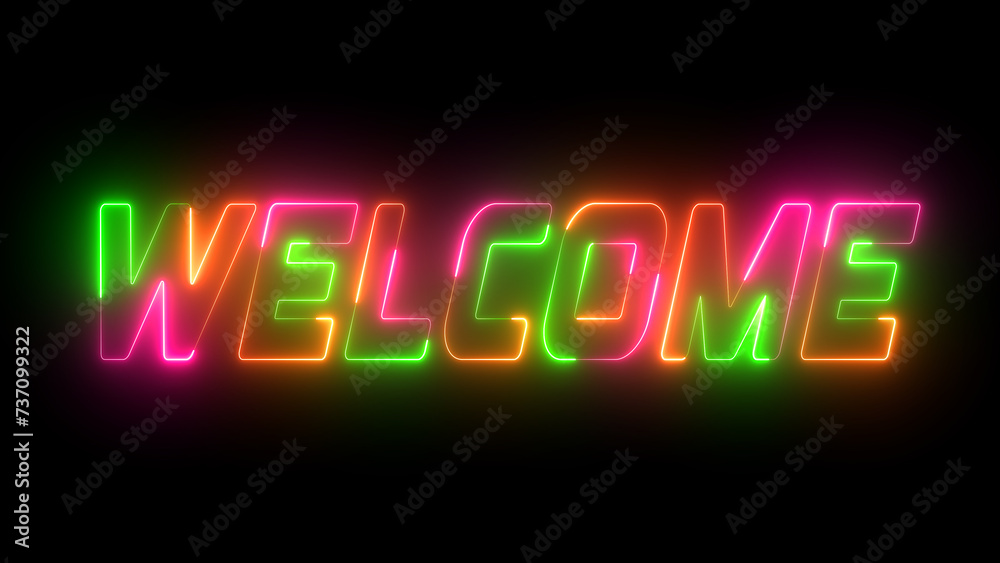 Glowing 3D Welcome text on the black background. Animated of the welcome word in multicolor. welcome text on a neon sign. Glowing 3D Welcome text on the black background. Animated of the welcome word in multicolor. welcome text on a neon sign.