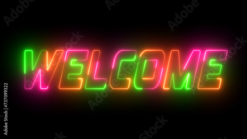 Glowing 3D Welcome text on the black background. Animated of the welcome word in multicolor. welcome text on a neon sign. photo