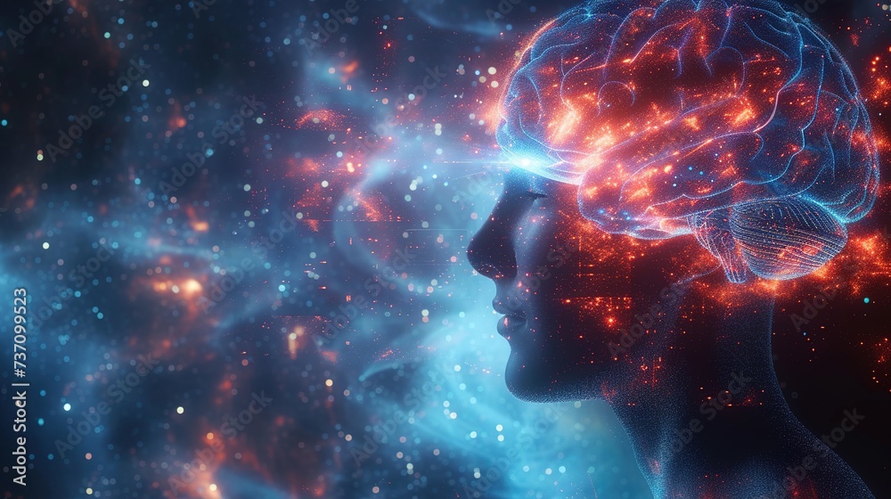 Neuron impulses in the brain and the silhouette of a person against the cosmic background of the starry universe. Meditation and Psychology. Mental health Neuron impulses in the brain and the silhouette of a person against the cosmic background of the starry universe. Meditation and Psychology. Mental health