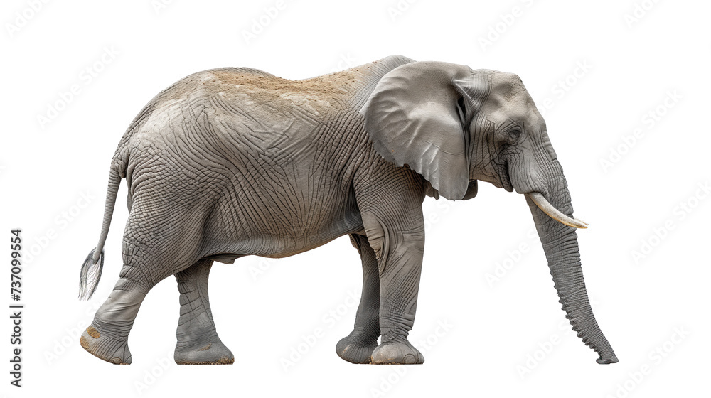 African elephant isolated on white background, side view.