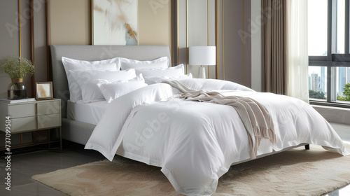 Luxurious bedroom with a window, with a large empty double bed with white linens and pillows. Comfortable sleep photo