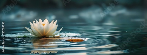 A serene and minimalist scene capturing a single lotus flower floating gracefully on the surface of tranquil, still water. The scene exudes a sense of peace and meditation, with the gentle ripples aro photo