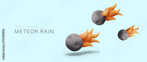 Meteor shower. Black comets with flaming tails fall down. Danger from space