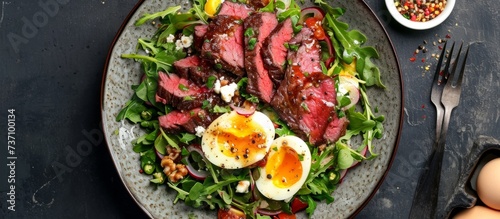A delicious dish featuring eggs, steak, and lettuce served on a table. This recipe combines proteinrich ingredients with fresh leafy greens for a satisfying meal