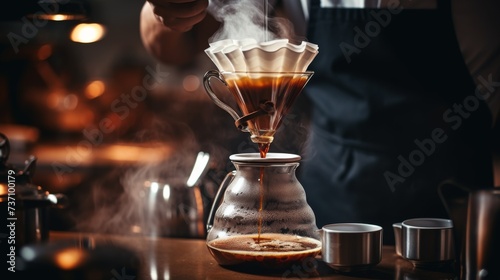 a skilled barista meticulously brews a pour over coffee