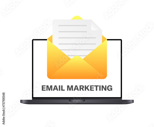 Email marketing envelope icon. Laptop screen. Flat style. Vector icons